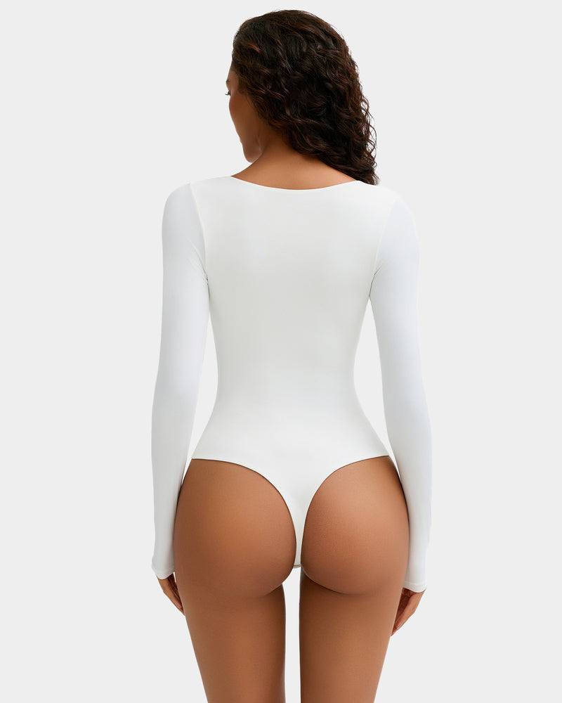 Scoop neck bodysuit shapewear in white, long sleeves, rear view, thong style.
