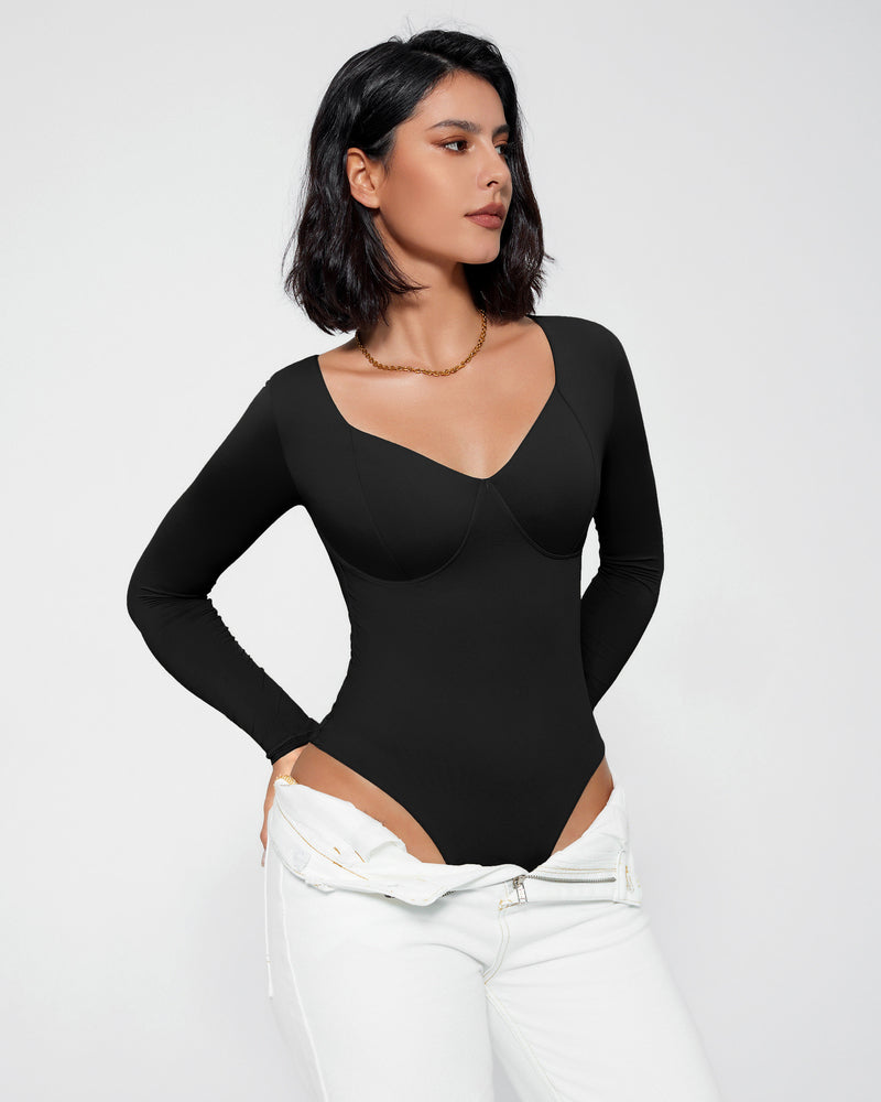 Black tummy control bodysuit, V-neck, long sleeves, double-lined shaping