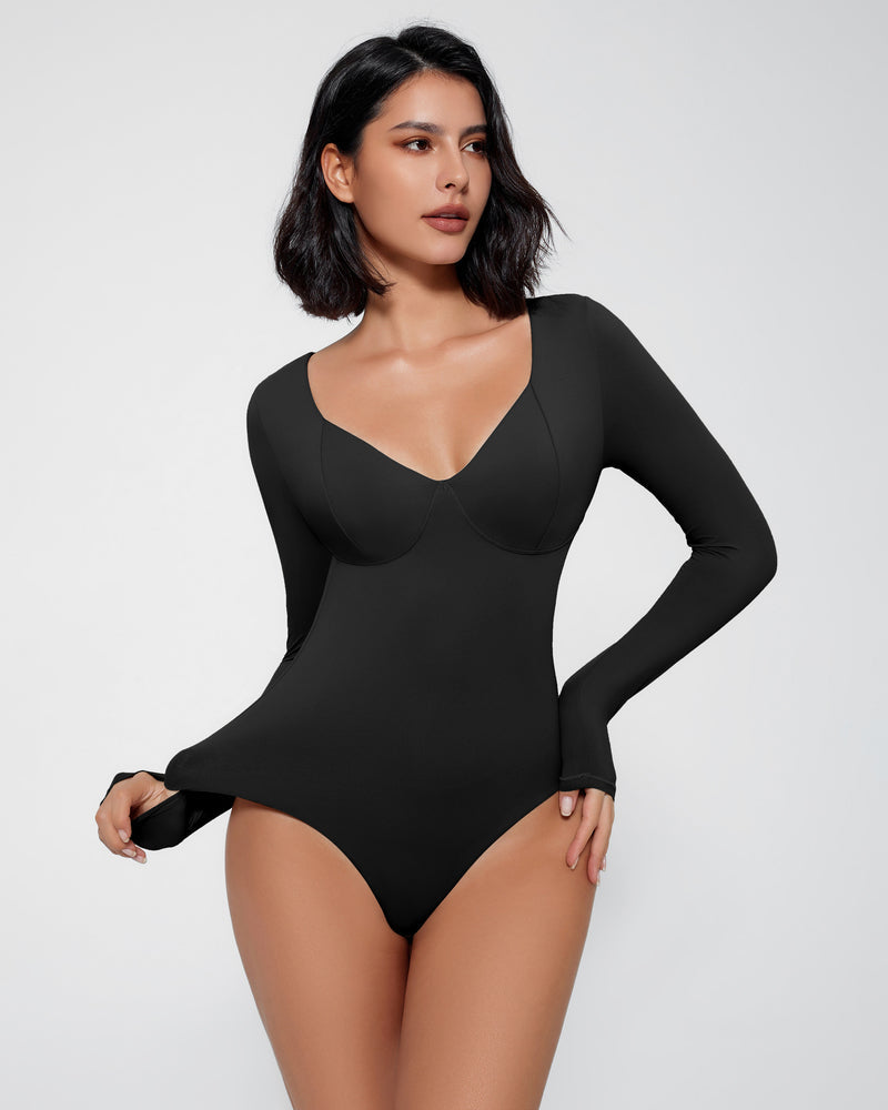 Black double-lined tummy control bodysuit, V-neck, long sleeves, fitted look