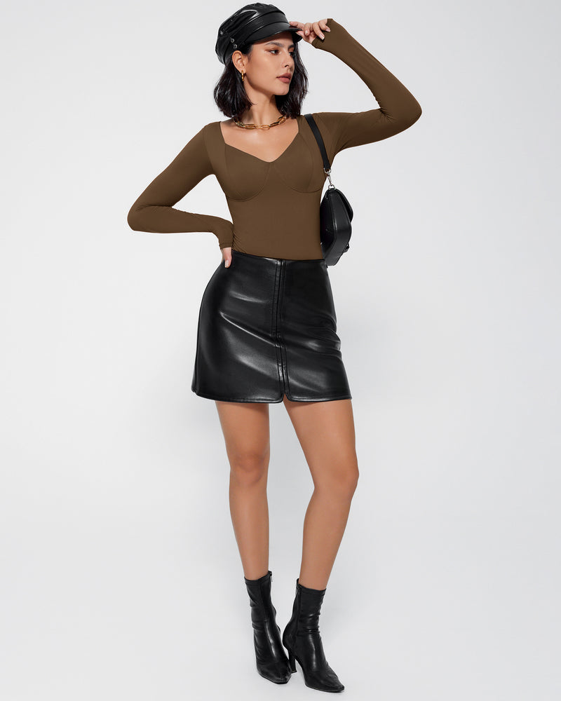 Brown double-lined tummy control bodysuit, V-neck, long sleeves