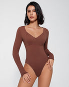 Brown tummy control bodysuit, V-neck, long sleeves, double-lined shaping
