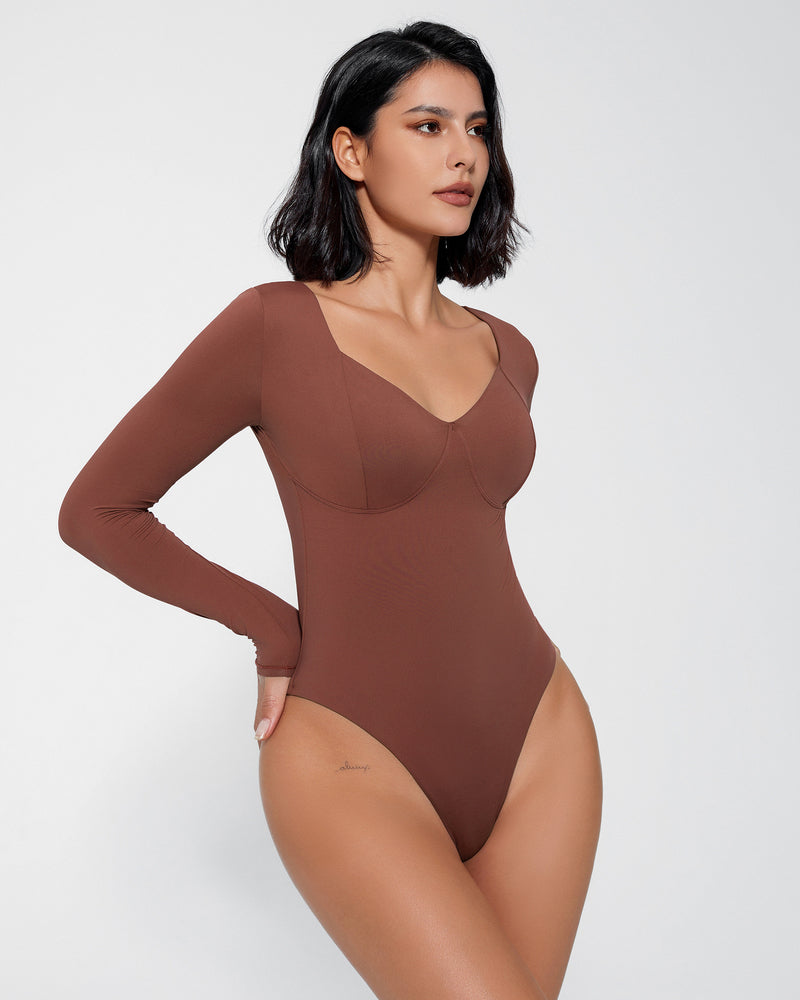 Brown double-lined tummy control bodysuit with long sleeves and V-neck.