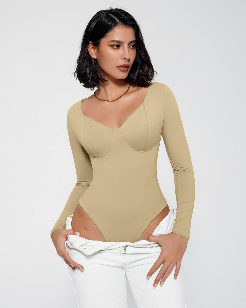 Khaki double-lined tummy control bodysuit with long sleeves and V-neck, close-up.