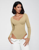 Khaki double-lined tummy control bodysuit with long sleeves and V-neck, close-up.