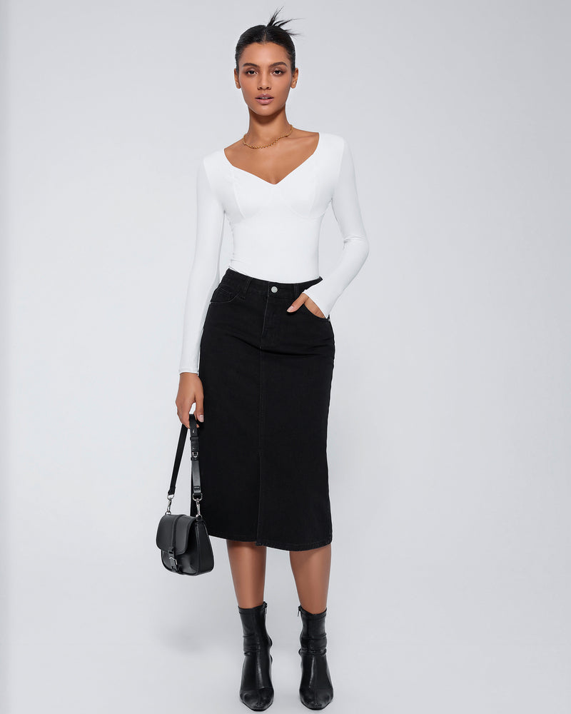 Black double-lined tummy control bodysuit with long sleeves and V-neck