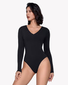 Black long sleeve double-lined bodysuit with V-neck and high-cut leg openings