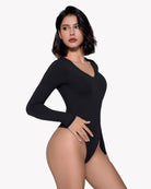 Black long sleeve double-lined bodysuit, V-neck front and high-cut leg openings