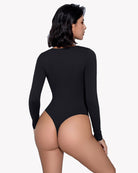 Black long sleeve double-lined bodysuit, back view with high-cut leg openings