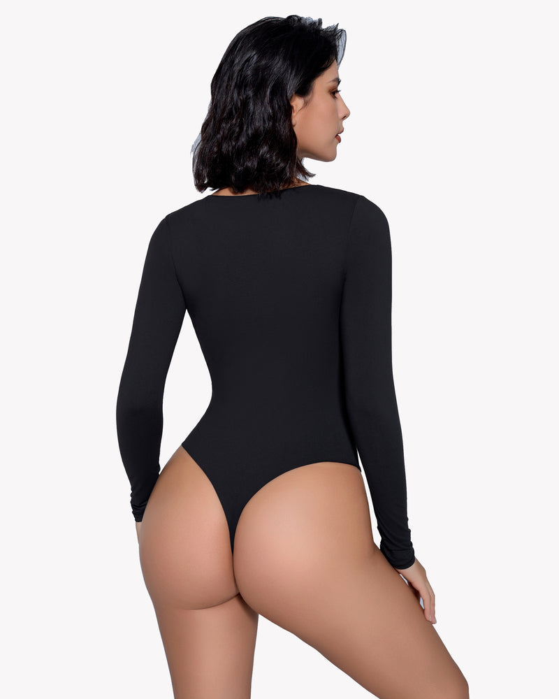 Black long sleeve double-lined bodysuit, back view with high-cut leg openings