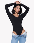 Black long sleeve double-lined bodysuit with V-neck and high-cut leg openings