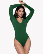 Green long sleeve double-lined bodysuit with V-neck and high-cut leg openings