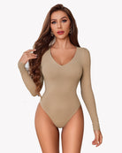 Taupe long-sleeve double-lined bodysuit, front view with V-neck and fitted waist