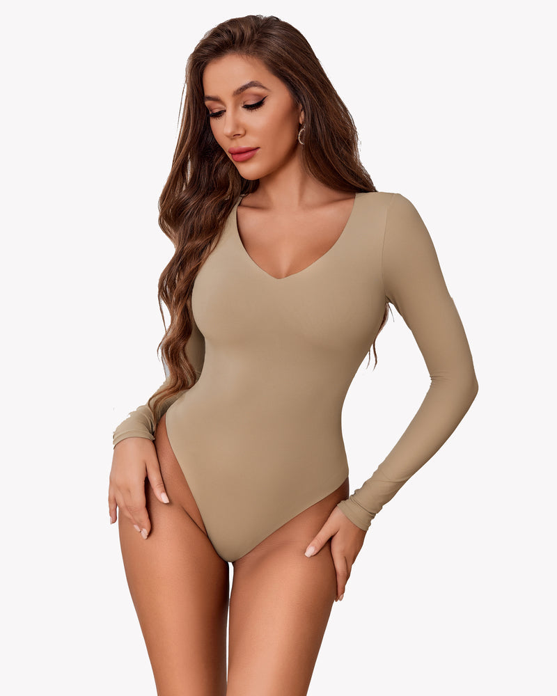 Taupe long-sleeve double-lined bodysuit with deep V neckline, snug full-coverage
