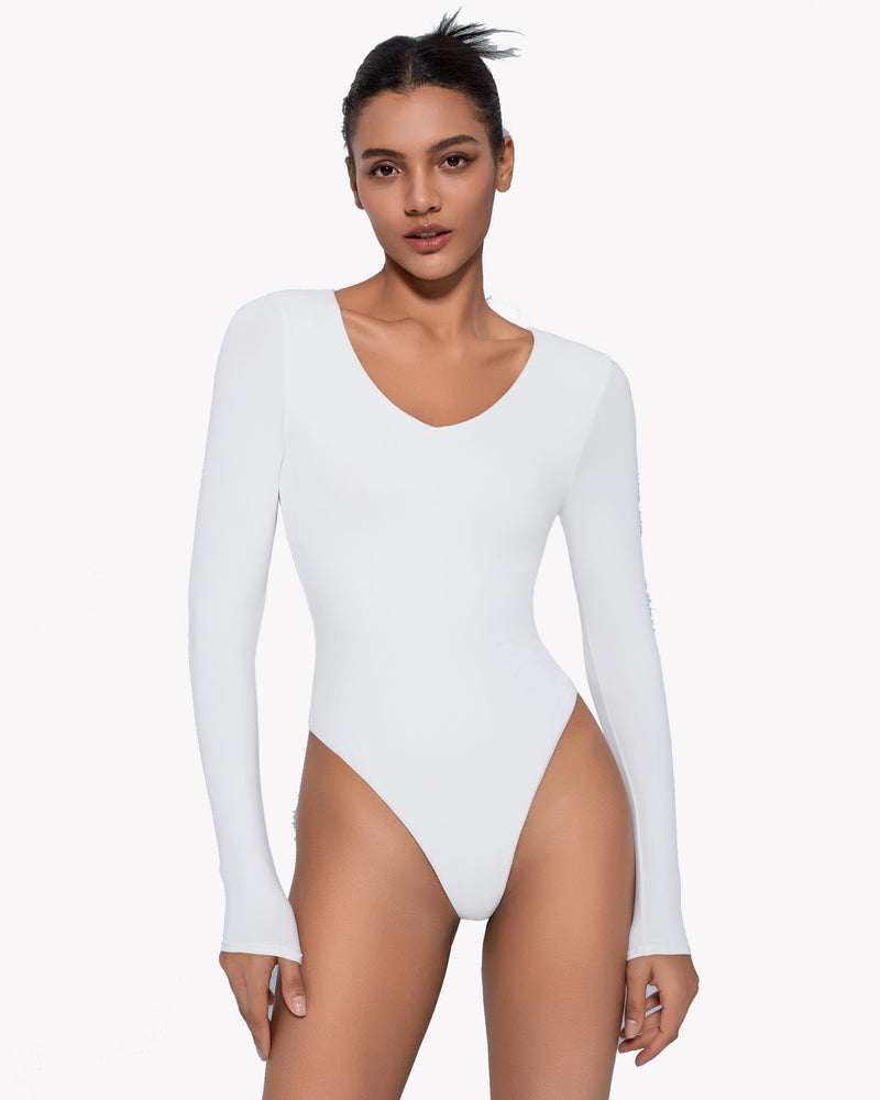 White long-sleeve double-lined bodysuit with V-neckline, high-cut fit