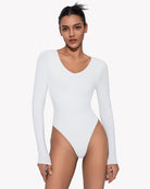 White long-sleeve double-lined bodysuit with V-neckline, high-cut fit