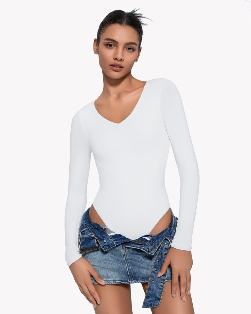 White long-sleeve double-lined bodysuit, V-neck front with smooth fitted legs