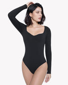 Black sweetheart-neck double-lined bodysuit shapewear with long sleeves