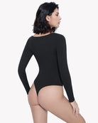 Black sweetheart-neck double-lined bodysuit shapewear, back view, long sleeves