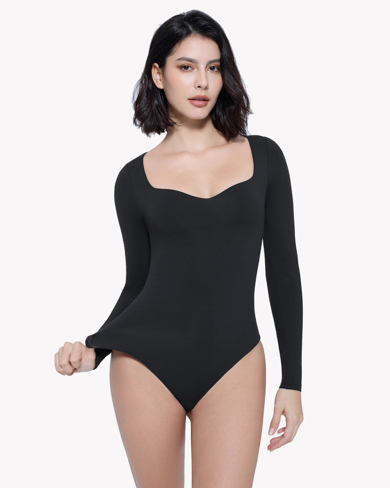 Black sweetheart-neck double-lined bodysuit shapewear, full front view, long sleeves