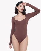 Brown sweetheart-neck double-lined bodysuit shapewear, front view, long sleeves