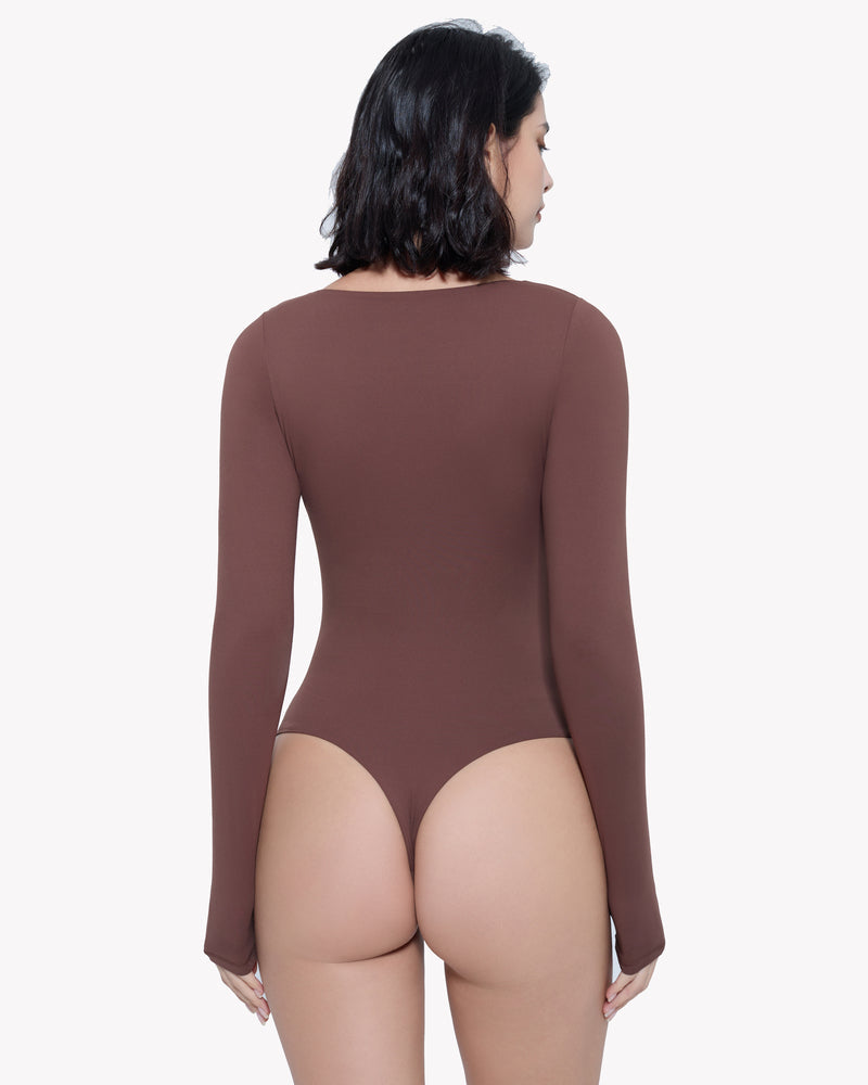Brown sweetheart-neck double-lined bodysuit shapewear, back view, long sleeves