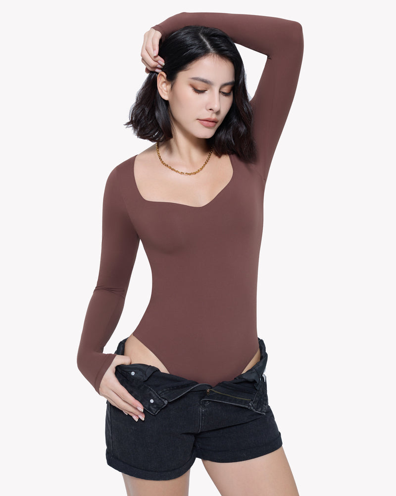 Brown sweetheart-neck double-lined bodysuit shapewear with long sleeves