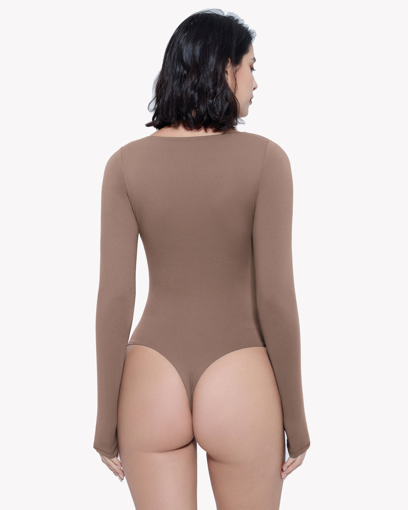 Brown sweetheart-neck bodysuit shapewear, long-sleeve back view
