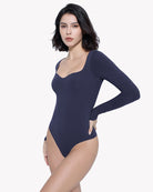 Dark navy sweetheart-neck double-lined bodysuit shapewear with long sleeves