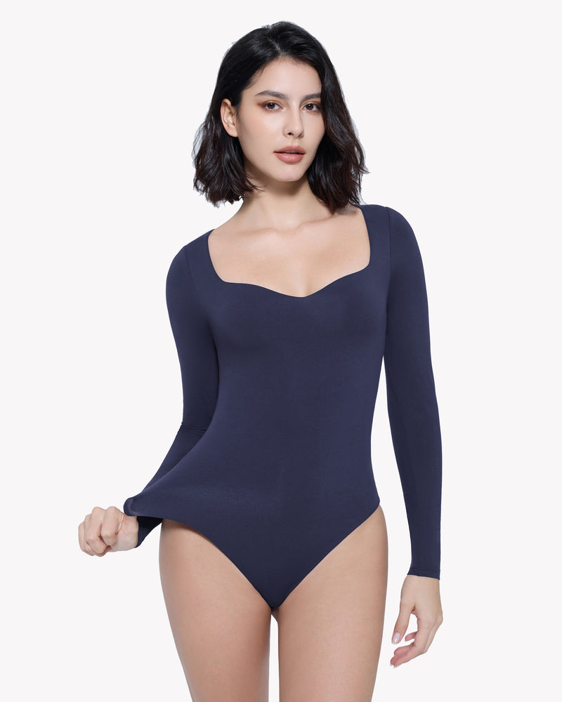 Dark navy sweetheart-neck double-lined bodysuit shapewear, front view