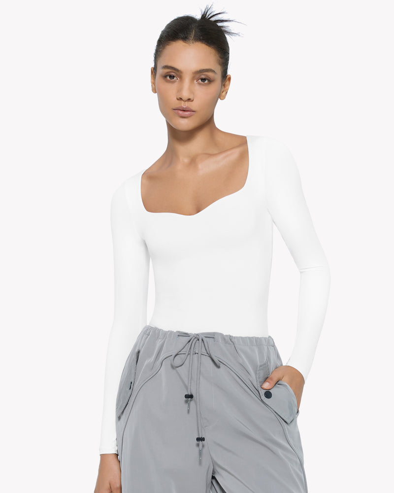 White sweetheart-neck bodysuit, long sleeves, front view
