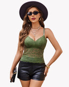 Green lace V-neck tube slim tank top with thin adjustable straps