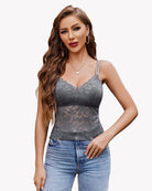 Lace V-neck tube slim tank top in heather grey lace, scalloped v-neck trim