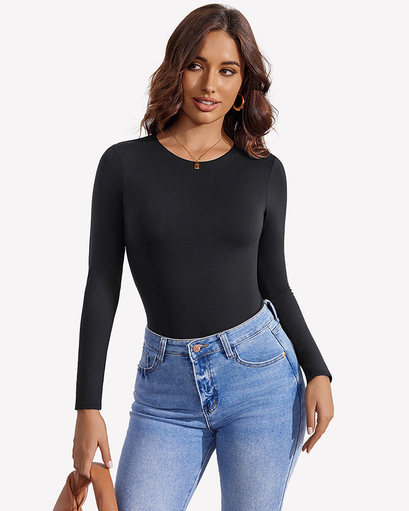 Black long sleeve thong bodysuit with slim fit, crew neckline