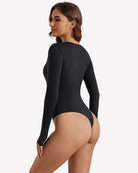 Black long sleeve thong bodysuit, slim fit, back view with high-cut leg