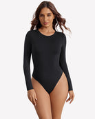 Black long-sleeve slim-fit thong bodysuit with high-cut bottom
