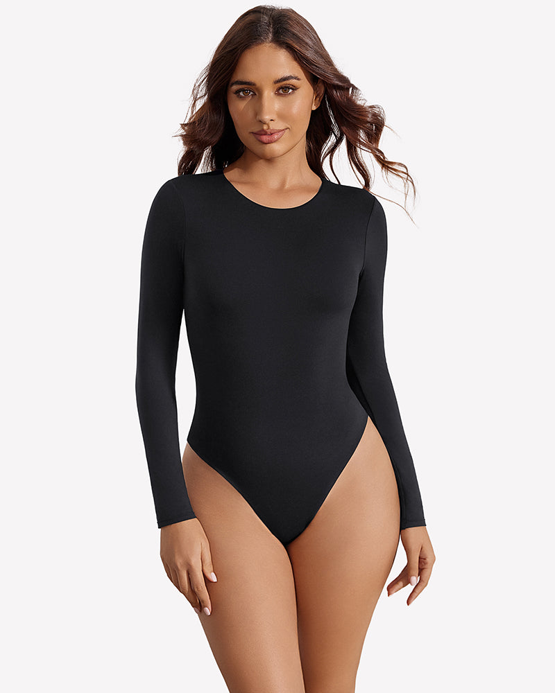 Black long-sleeve slim-fit thong bodysuit with high-cut bottom