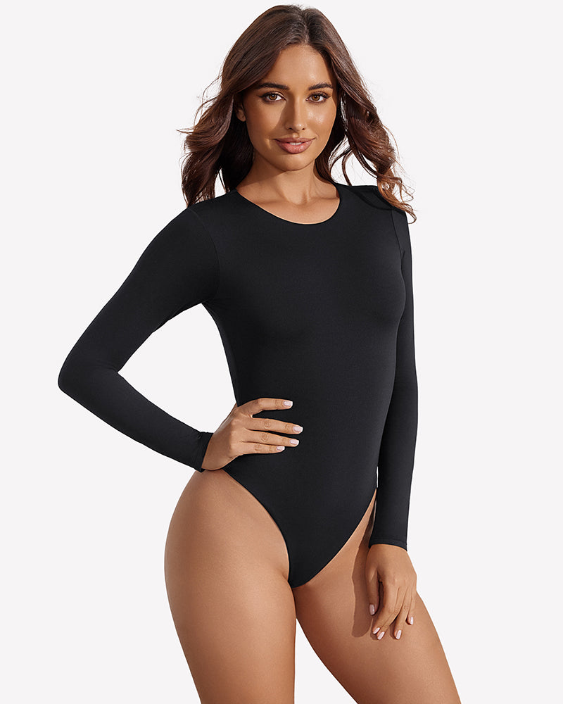 Black long sleeve slim-fit thong bodysuit with double lining
