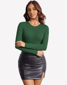 Green long sleeve slim-fit thong bodysuit with double-lined thong back