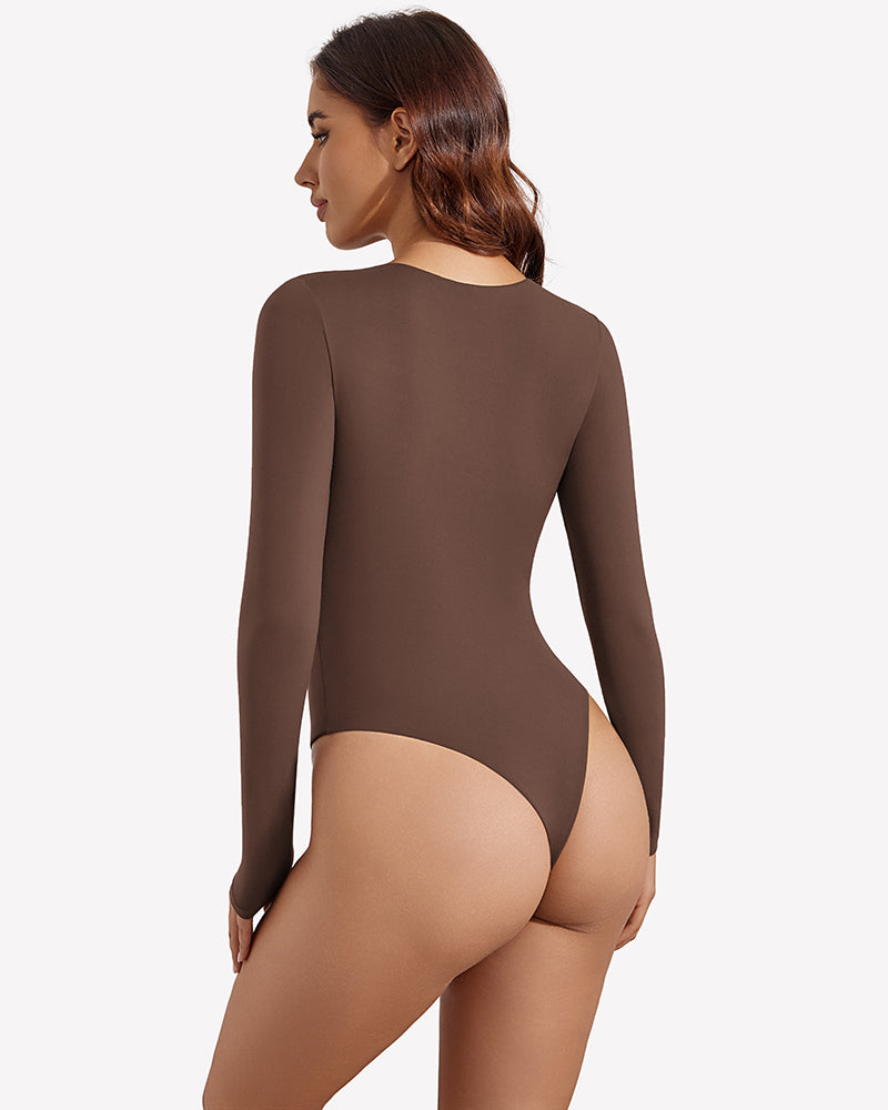 Brown long sleeve thong bodysuit, slim fit, double-lined back view
