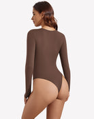 Brown long sleeve thong bodysuit, slim fit, double-lined back view
