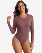 Burgundy long-sleeve thong bodysuit with crew neck.