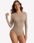 Khaki long-sleeve slim-fit thong bodysuit with high-cut leg