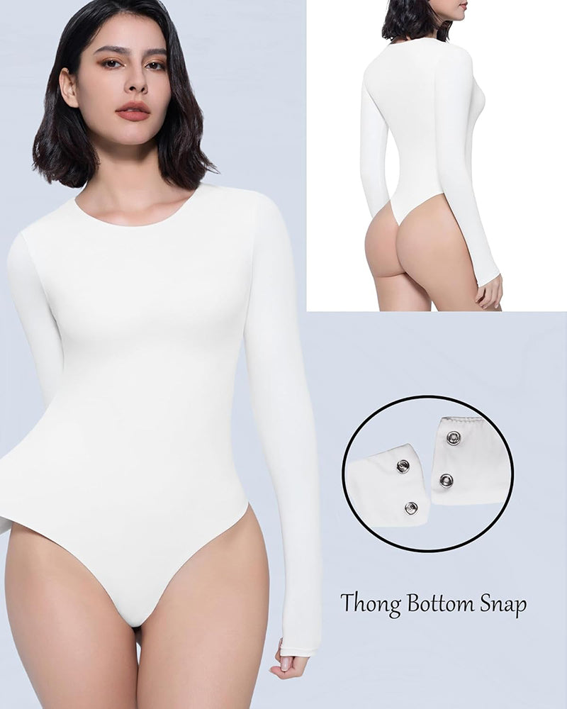 White long-sleeve slim-fit bodysuit with thong bottom and snap closure detail