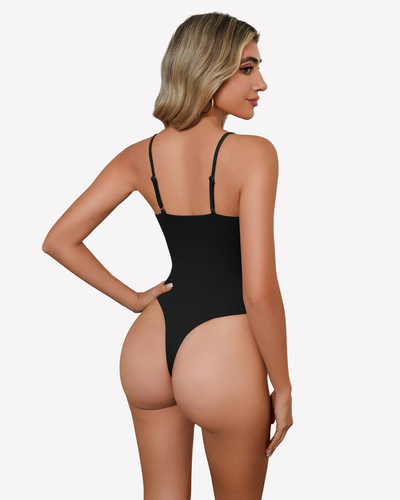 Black square-neck bodysuit, back view with thin straps and full coverage