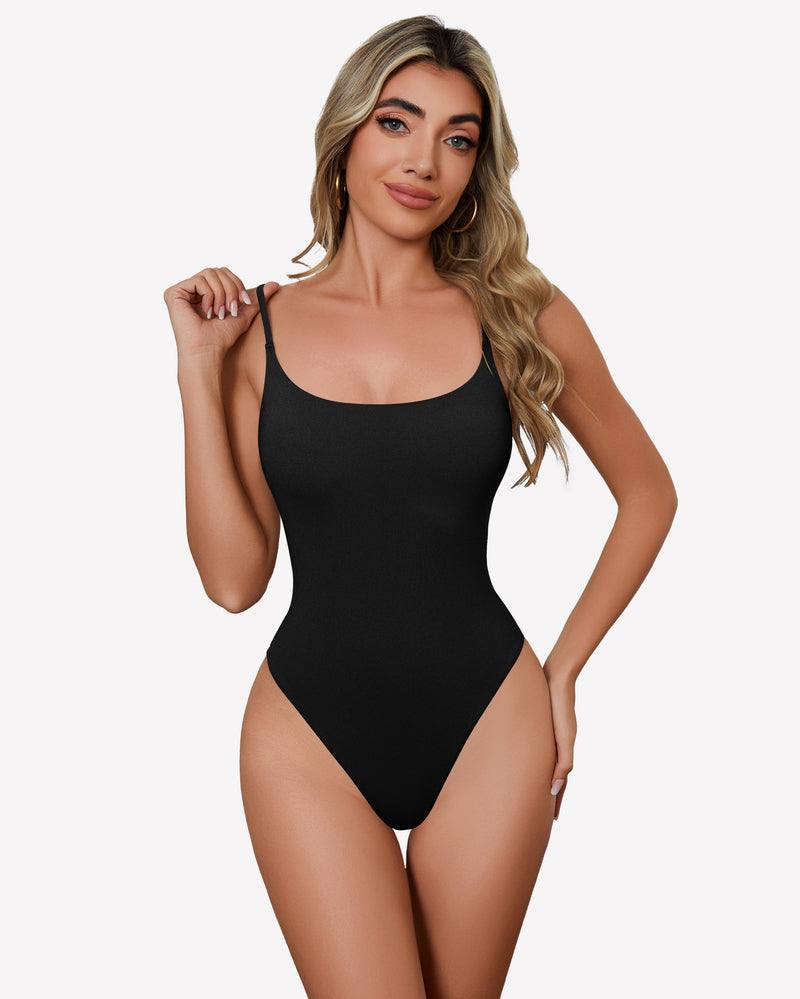 Black square-neck bodysuit with thin straps and high-cut legs