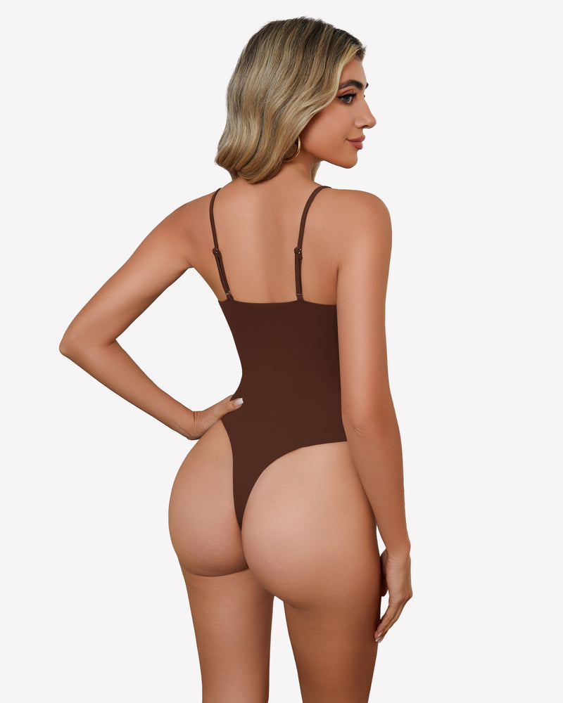 Brown square-neck bodysuit, back view with thin straps