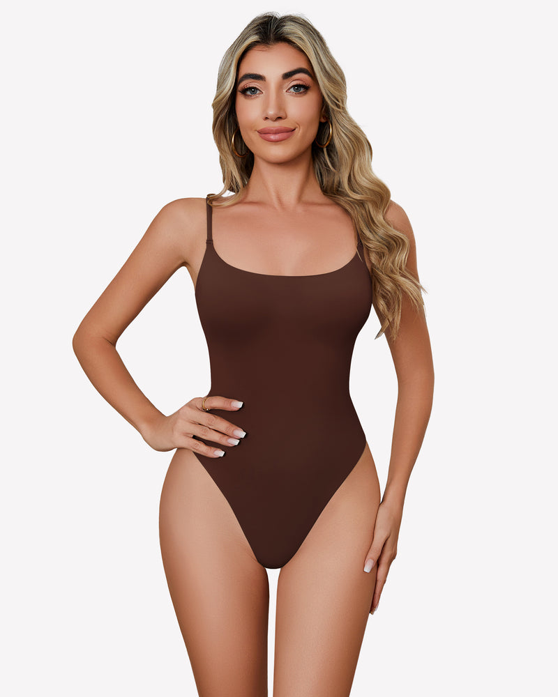Brown square-neck bodysuit with thin straps and high-cut leg openings