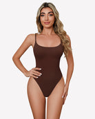 Brown square-neck bodysuit with thin straps and high-cut leg openings