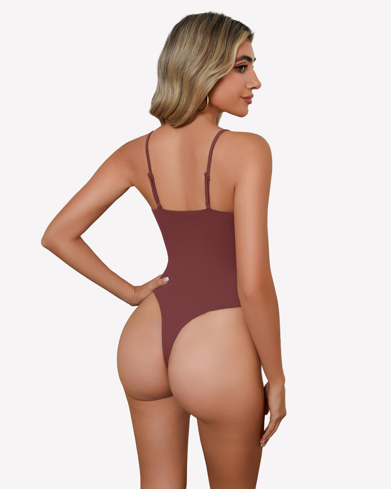 Burgundy square-neck bodysuit, back view with thin straps