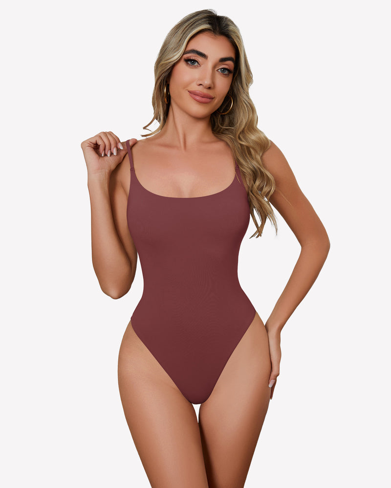 Burgundy square-neck bodysuit with thin straps and high-cut legs